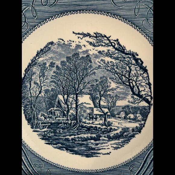 4 Royal Currier & Ives 10" Dinner Plates Old Grist Mill Blue White Ironstone - Picture 2 of 9